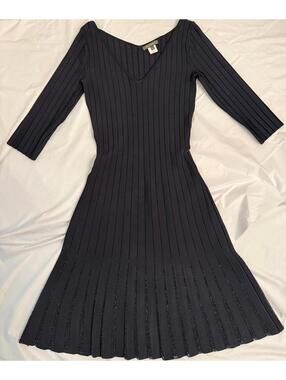 Zac Posen Sculptural Rib Knit Dress – Navy Pleated Beaded Hem – XS